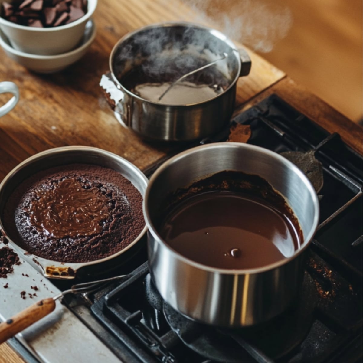 A home kitchen scene with a baked chocolate cake in a pan, melted ganache in a saucepan, and steam rising from another pot—capturing the real process of making a dark chocolate cake.