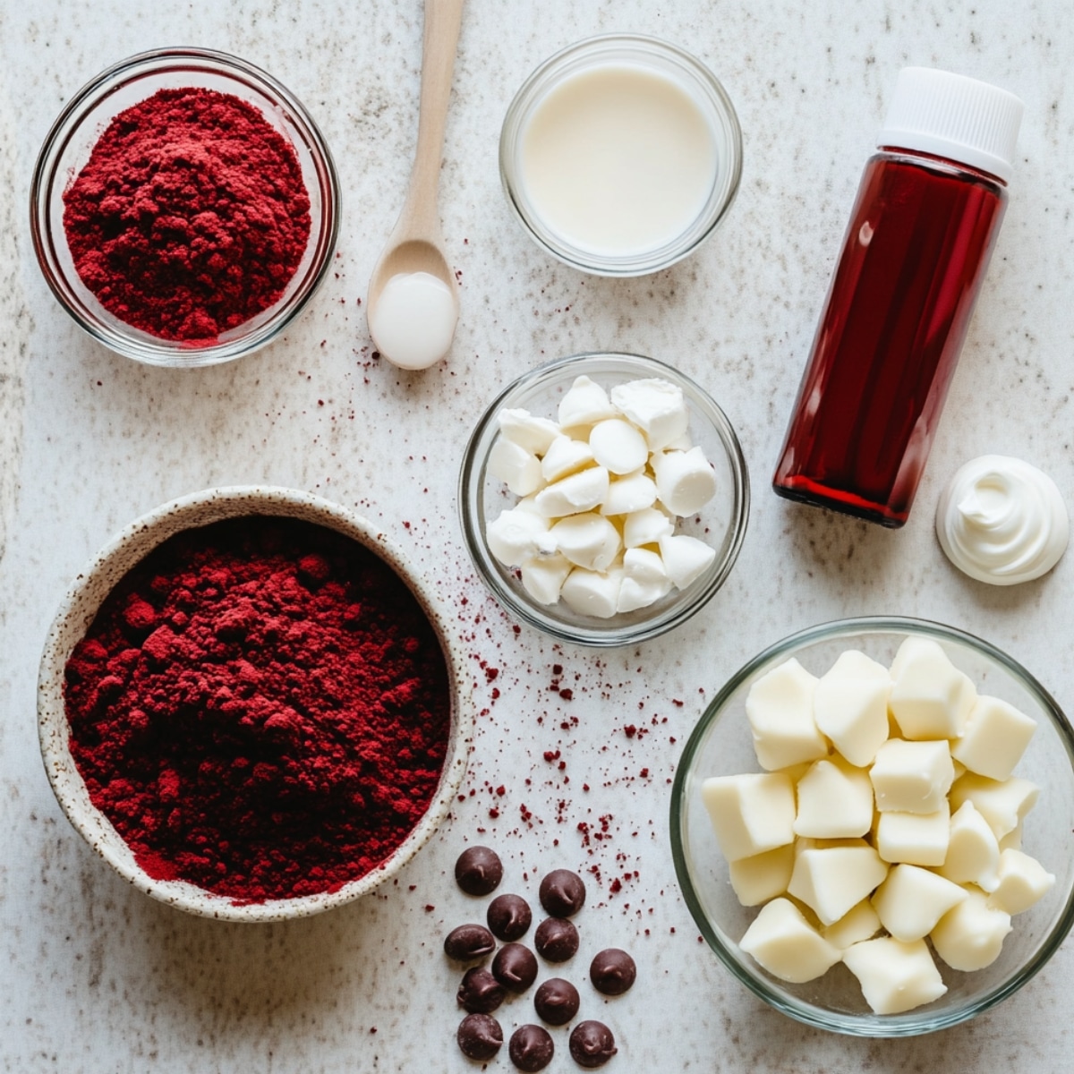 Ingredients for red velvet cookies on a kitchen counter, including red cocoa powder, buttermilk, vinegar, red food coloring, white chocolate chips, and cream cheese frosting.