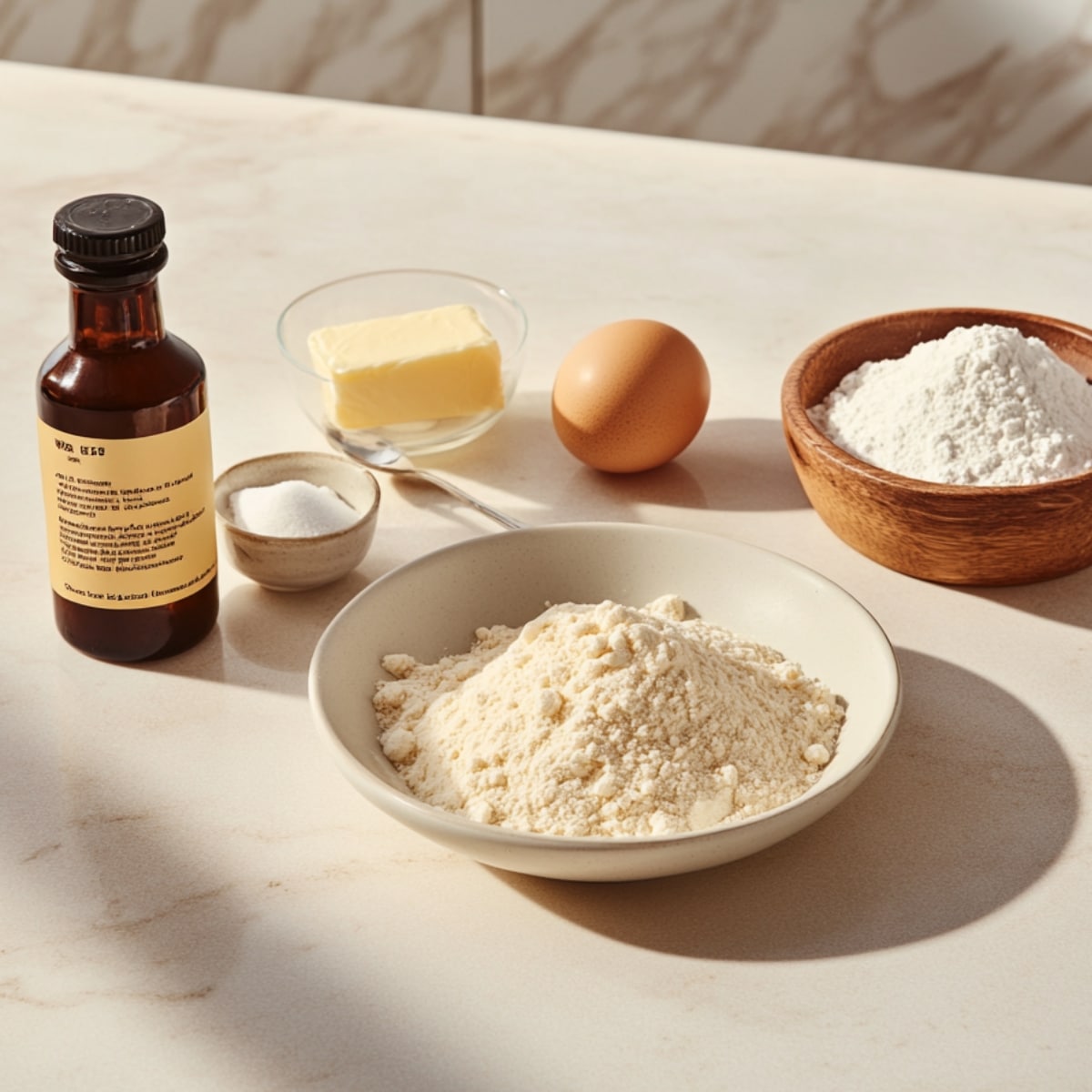 Ingredients for red velvet cookies on a kitchen counter, including flour, butter, egg, vanilla extract, salt, and sugar in natural sunlight.