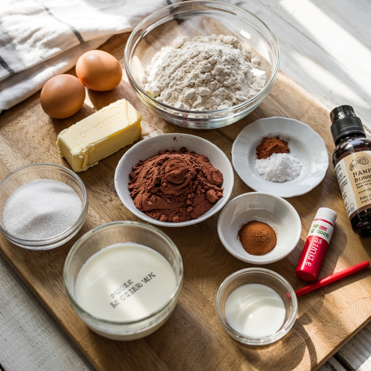 Red velvet cupcakes ingredients on a wooden board—flour, cocoa, eggs, butter, sugar, vanilla, buttermilk, spices, and red food coloring in natural light.