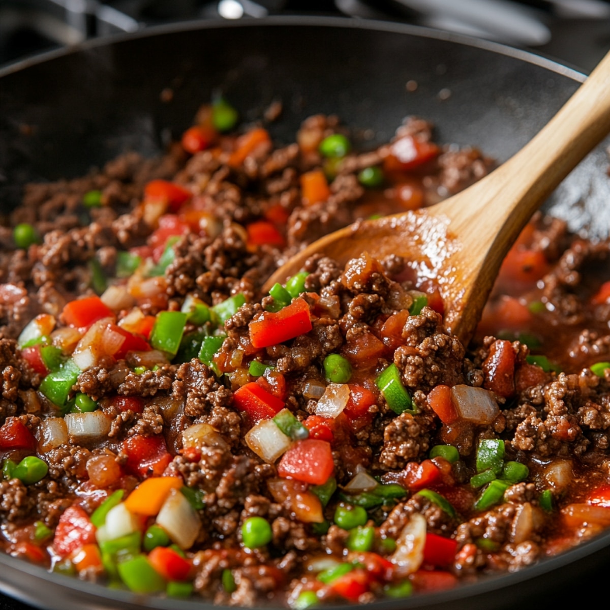 Homemade hamburger pie filling with ground beef, peppers, onions, peas, and carrots simmering in tomato sauce, stirred with a wooden spoon.
