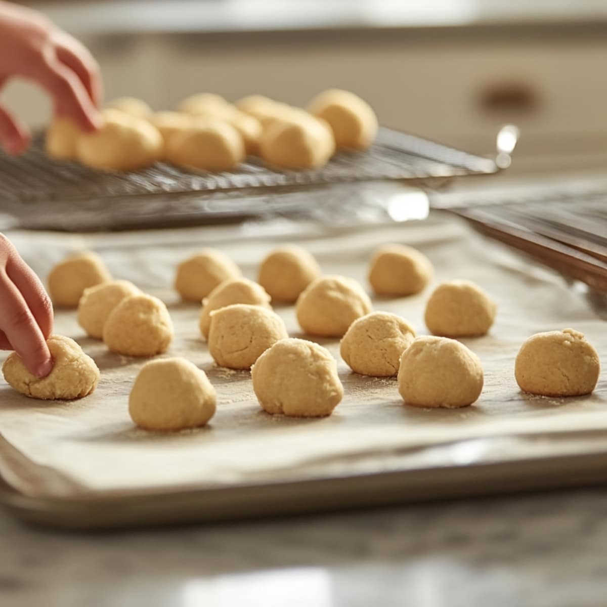 Small hands placing raw cookie dough balls onto a parchment-lined baking sheet, with more dough balls cooling on a wire rack in the background, all in a warmly lit kitchen setting.