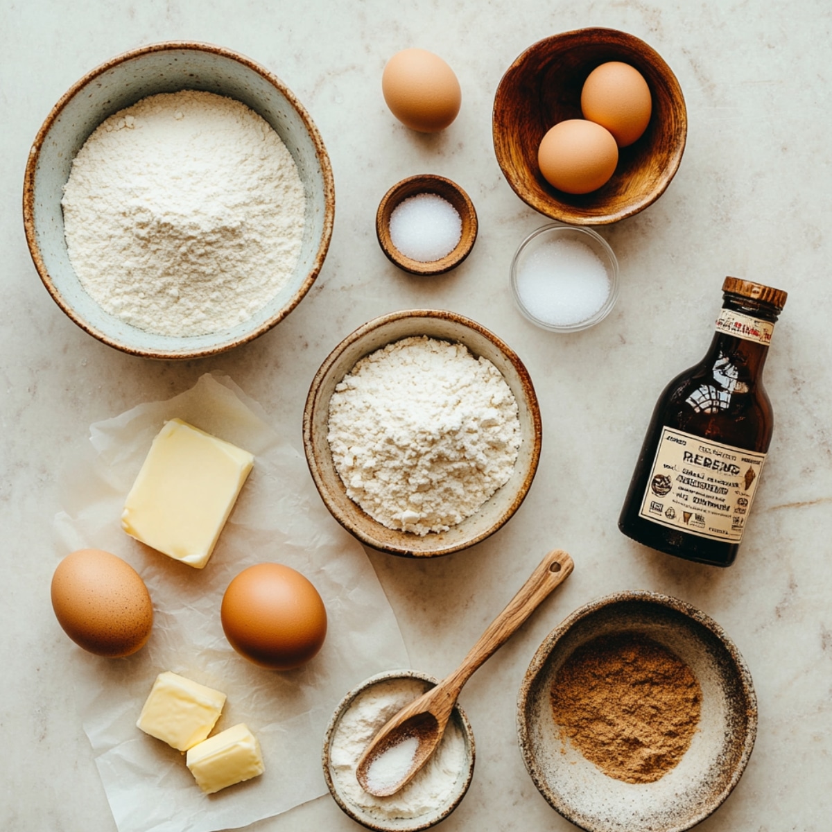 Homemade snickerdoodle cookie ingredients arranged on a marble counter—flour, butter, eggs, vanilla, cinnamon, and sugar in rustic bowls with natural light.