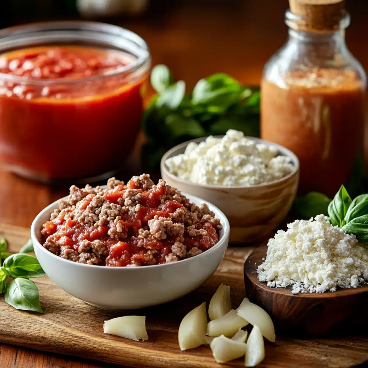 Ingredients for spaghetti pie on a wooden cutting board: ground beef with marinara sauce, ricotta cheese, grated Parmesan, garlic cloves, and fresh basil. A jar of marinara sauce and olive oil bottle are in the background.