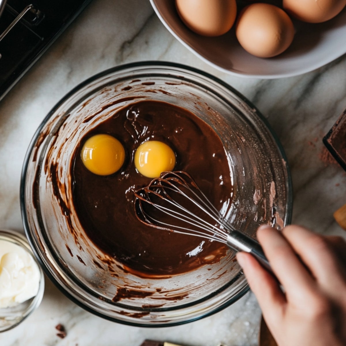 A close-up of a glass bowl with a rich chocolate mixture and two egg yolks, as a hand whisks the ingredients together. A bowl of eggs sits in the background, with soft lighting highlighting the chocolate's glossy texture