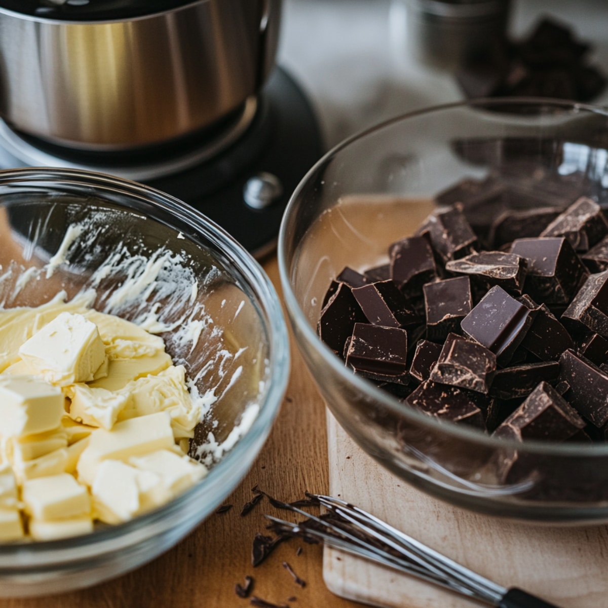 A cozy kitchen scene showing softened butter in a glass bowl and large chunks of semisweet chocolate in another, with a stand mixer in the background. Scattered chocolate shavings rest on the wooden counter, lit by soft natural light.