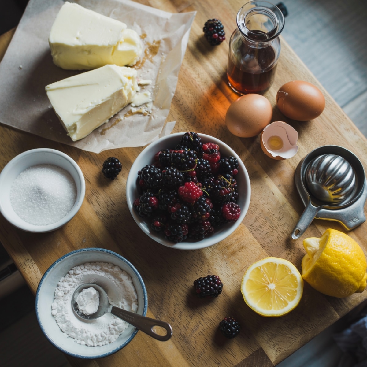 Blackberry cheesecake brownie ingredients on a wooden table — softened cream cheese on parchment, fresh blackberries in a bowl, cracked eggs, sugar, cornstarch, lemon halves, a citrus juicer, and vanilla extract. Lightly messy, warm natural lighting, and totally homemade kitchen vibe.
