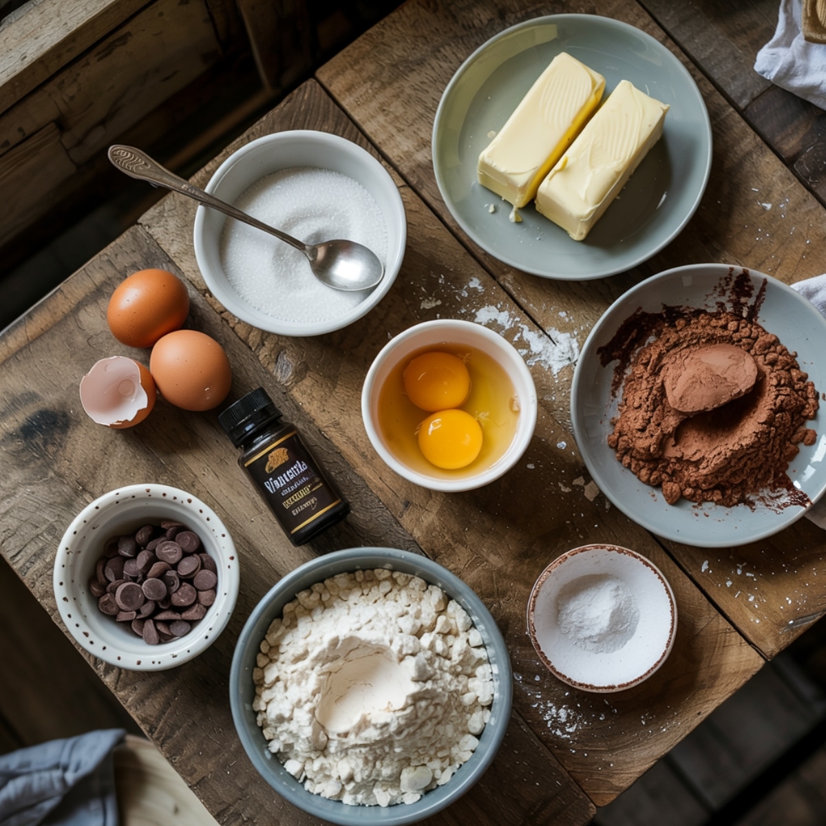 Homemade brownie ingredients on a rustic wooden table — butter, eggs, sugar, flour, cocoa, chocolate chips, vanilla, and salt, slightly messy with a cozy, natural kitchen vibe.