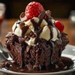 A homemade chocolate brownie sundae topped with vanilla ice cream, drizzled in fudge sauce, and garnished with a fresh strawberry, cherry, and chocolate chunks on a white plate.