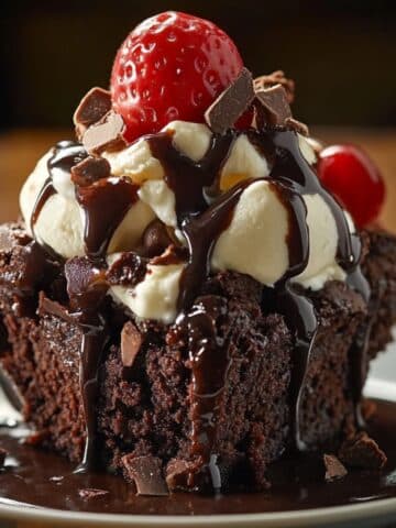 A homemade chocolate brownie sundae topped with vanilla ice cream, drizzled in fudge sauce, and garnished with a fresh strawberry, cherry, and chocolate chunks on a white plate.