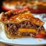 A slice of homemade hamburger pie with golden flaky crust, juicy ground beef, melted cheddar cheese, and a slice of tomato, served on a white plate.