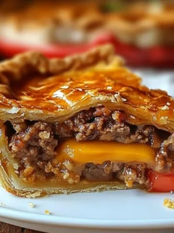 A slice of homemade hamburger pie with golden flaky crust, juicy ground beef, melted cheddar cheese, and a slice of tomato, served on a white plate.