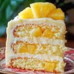 thick, generous slice of homemade Hawaiian pineapple cake, featuring three moist and fluffy yellow sponge cake layers filled with creamy white frosting and juicy chunks of pineapple. The cake is topped with a fan-like arrangement of fresh pineapple slices and set on a vintage-style floral dessert plate.