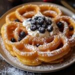 Homemade funnel cake topped with whipped cream and blueberries, dusted with powdered sugar on a rustic plate.