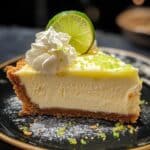 Homemade key lime pie slice with graham cracker crust, creamy lime filling, whipped cream, and a fresh lime slice, served on a black plate with powdered sugar and lime zest garnish.