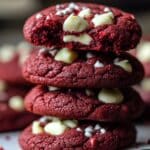 Homemade red velvet cookies stacked with white chocolate chips, soft and chewy with a bite taken from the top cookie.