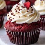 Homemade red velvet cupcake with creamy vanilla buttercream, chocolate sprinkles, and a red heart topper, set on a marble board with more cupcakes in the background.