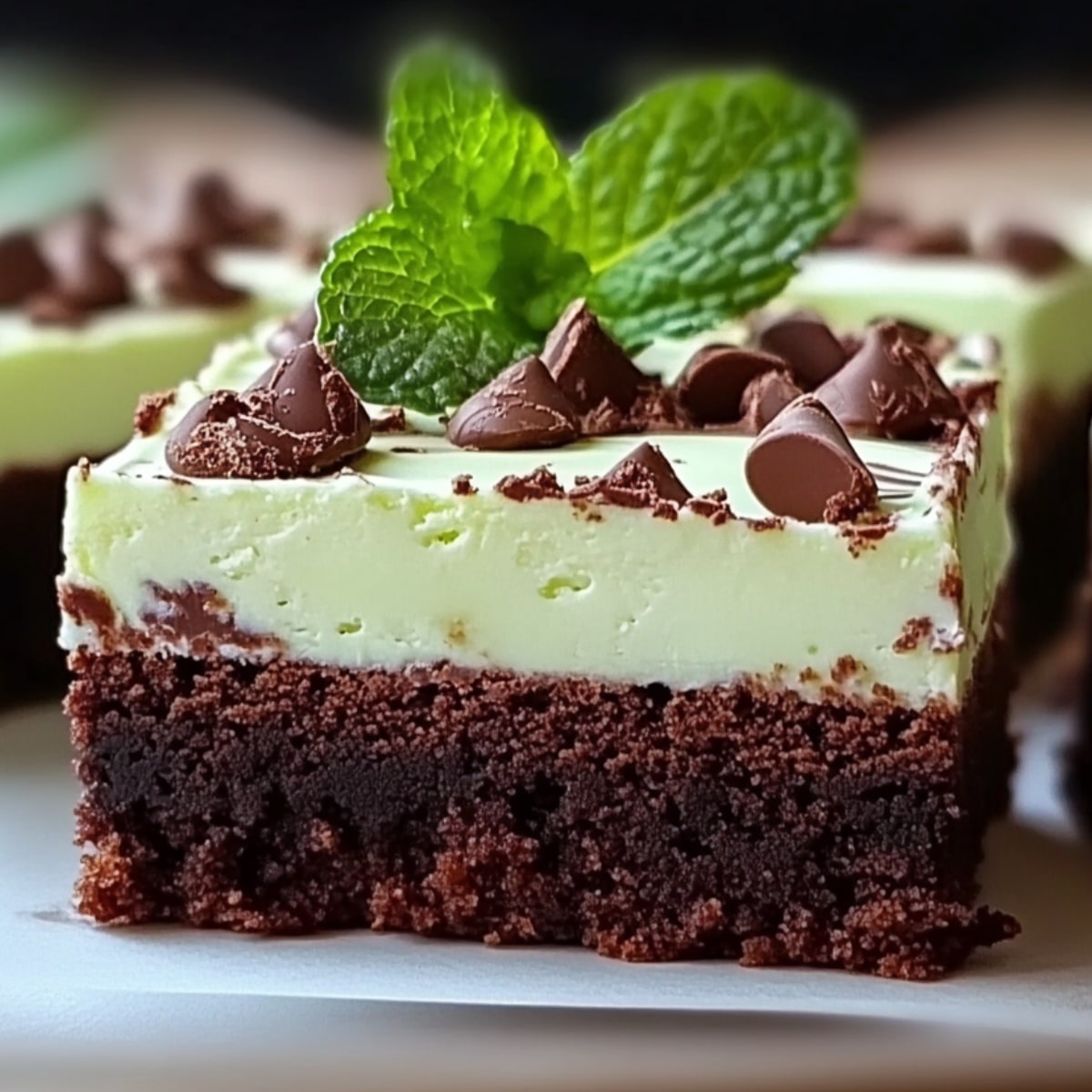 Homemade mint brownie with a fudgy chocolate base, creamy mint frosting, topped with chocolate chips and a fresh mint sprig, set on parchment paper.