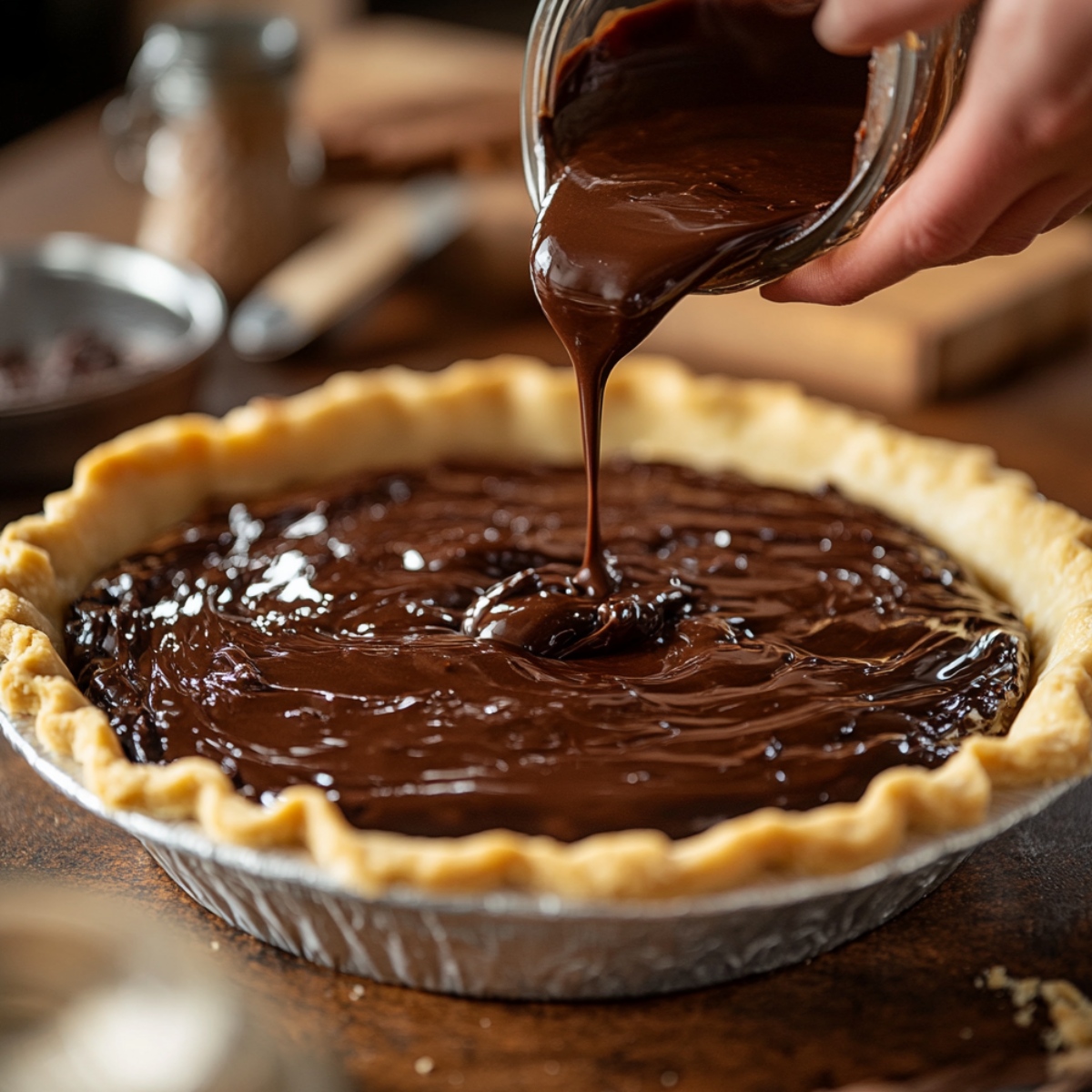 Thick chocolate pie filling being poured from a jar into an unbaked pie crust. The glossy filling spreads smoothly, surrounded by a cozy kitchen setup in soft, natural lighting.