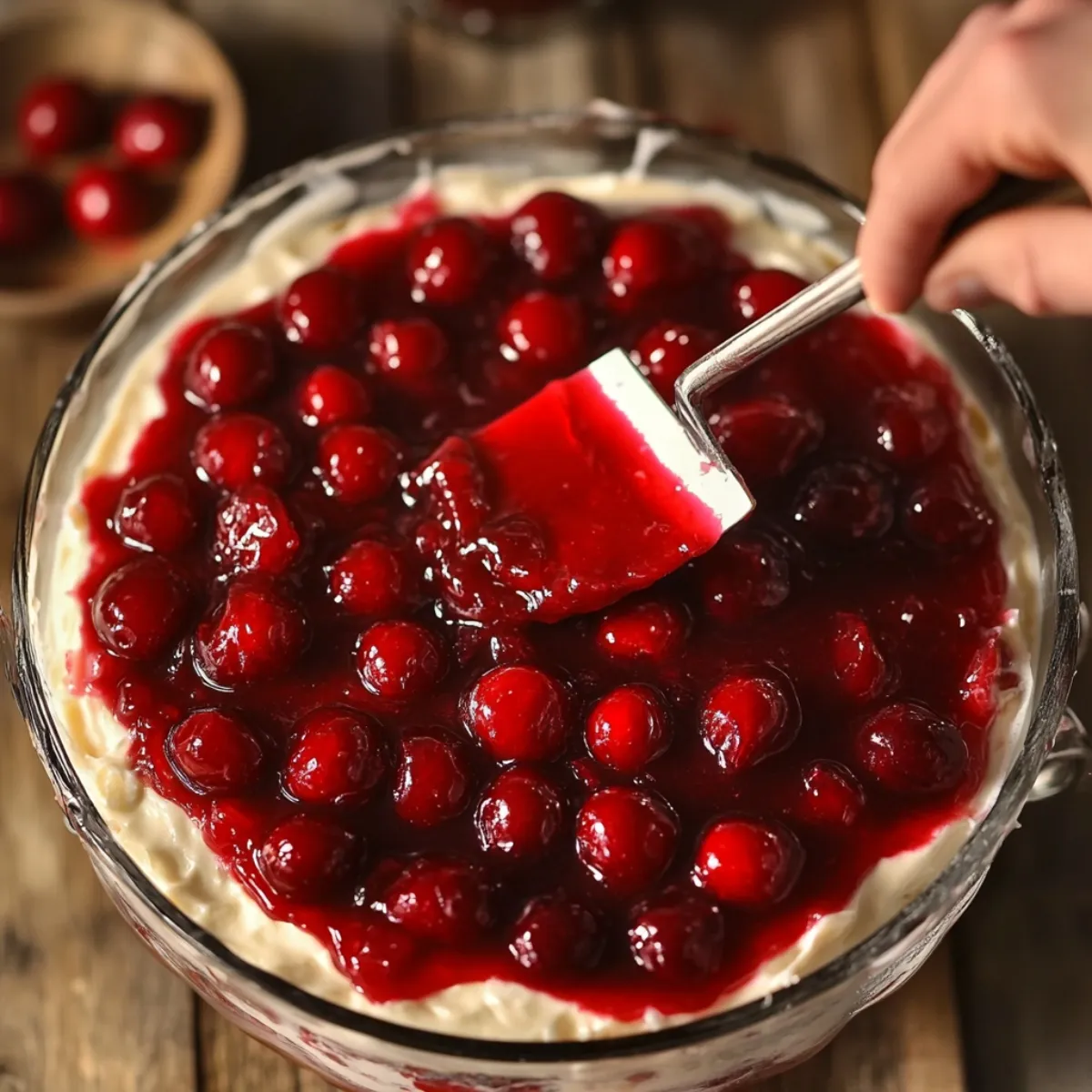 Spreading cherry pie filling over pudding in a glass dish for homemade Heaven On Earth Cake.