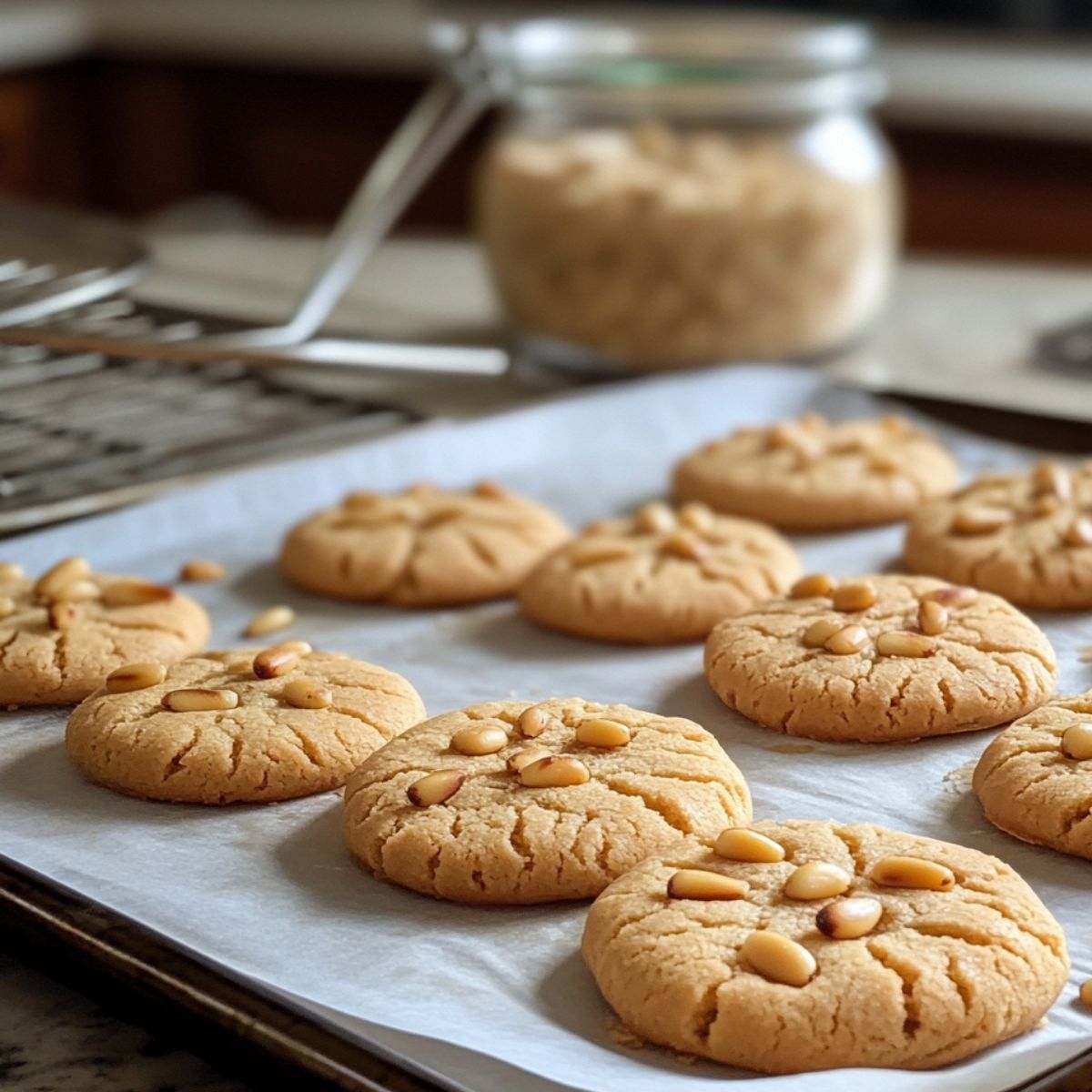 Freshly baked Pignoli Cookies on a parchment-lined tray, golden with crackled tops and pine nuts, cooling in a cozy home kitchen.
