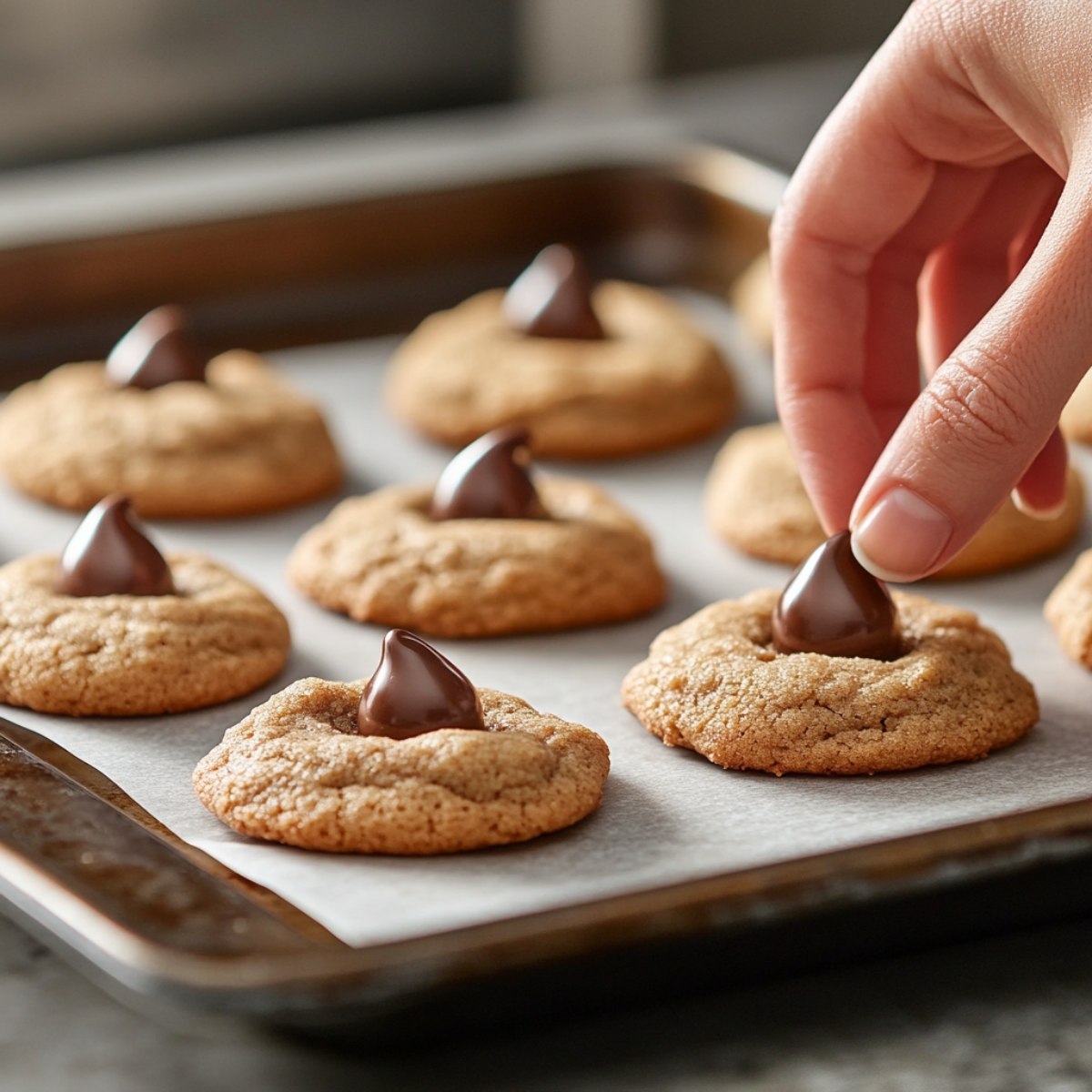 Hand pressing a Hershey’s Kiss into a warm, freshly baked cookie on a parchment-lined baking sheet.