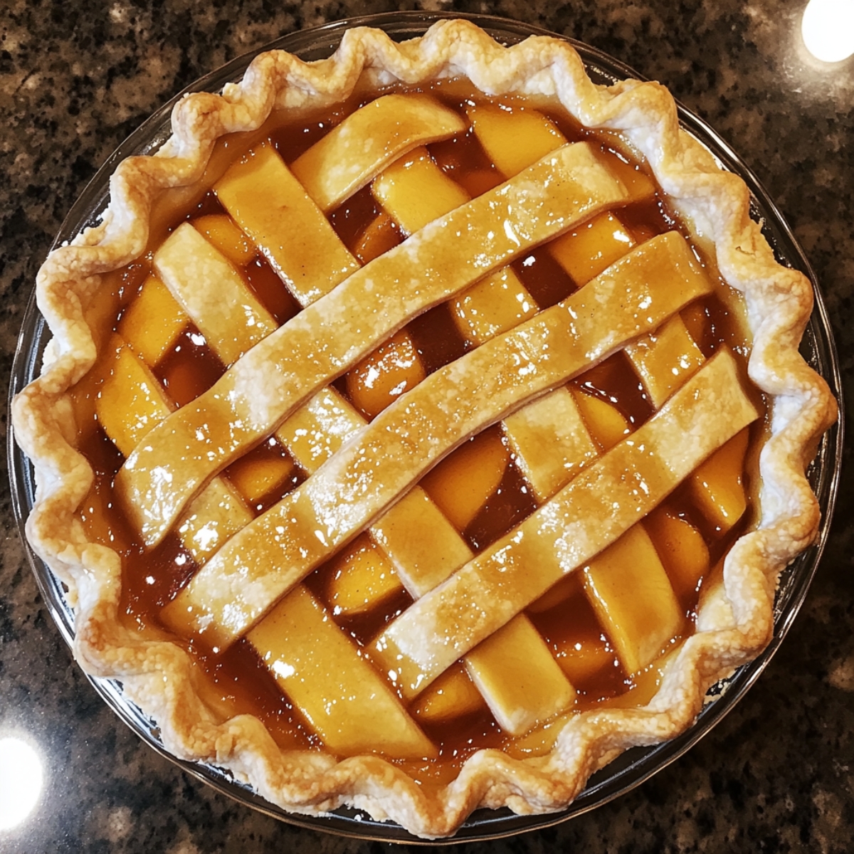 Homemade peach pie with a golden lattice crust, glossy syrup, and crimped edges on a granite countertop.