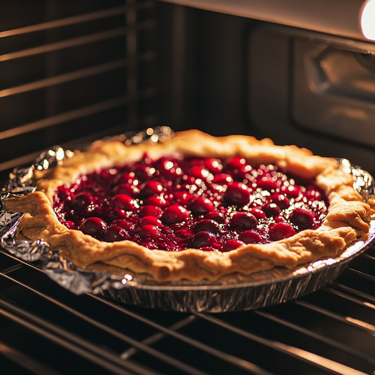 A cranberry pie with a golden, flaky crust and bubbling red filling baking in the oven, with foil protecting the edges.
