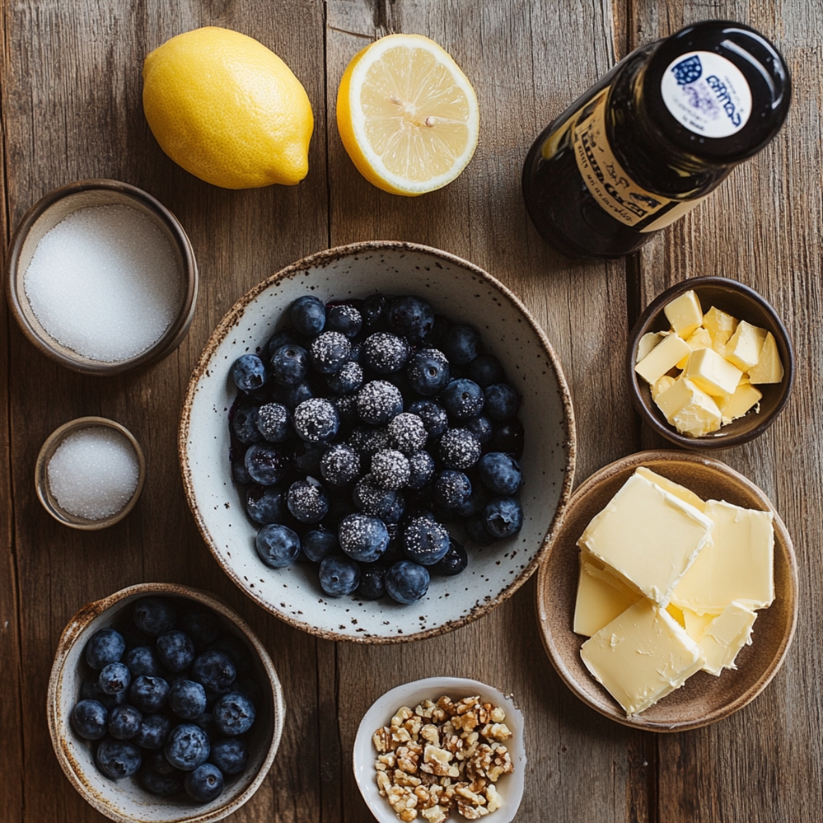 Fresh ingredients for homemade blueberry dump cake, including blueberries, butter, sugar, lemon, vanilla, and walnuts arranged on a rustic wooden table.