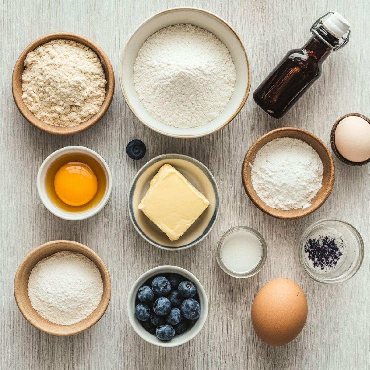 Top-down view of blueberry muffin cookie ingredients, including flour, sugars, butter, eggs, blueberries, vanilla, and lemon zest, arranged neatly on a light wooden surface.
