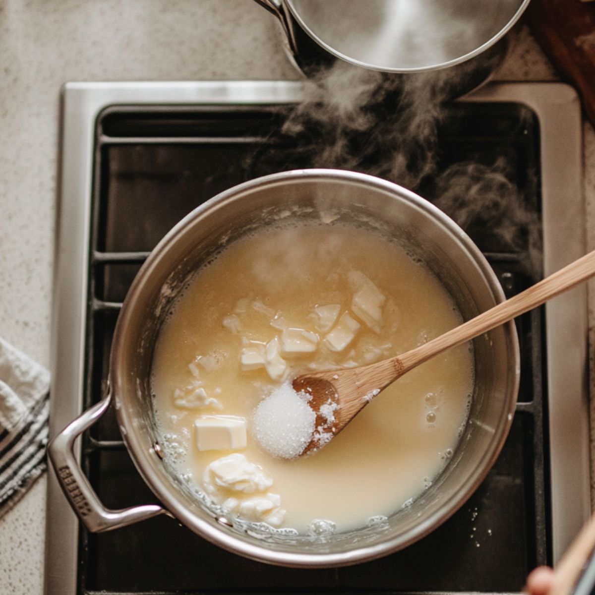 Butter, sugar, and milk melting in a saucepan with a wooden spoon, steam rising gently—early step in making no bake cookies.