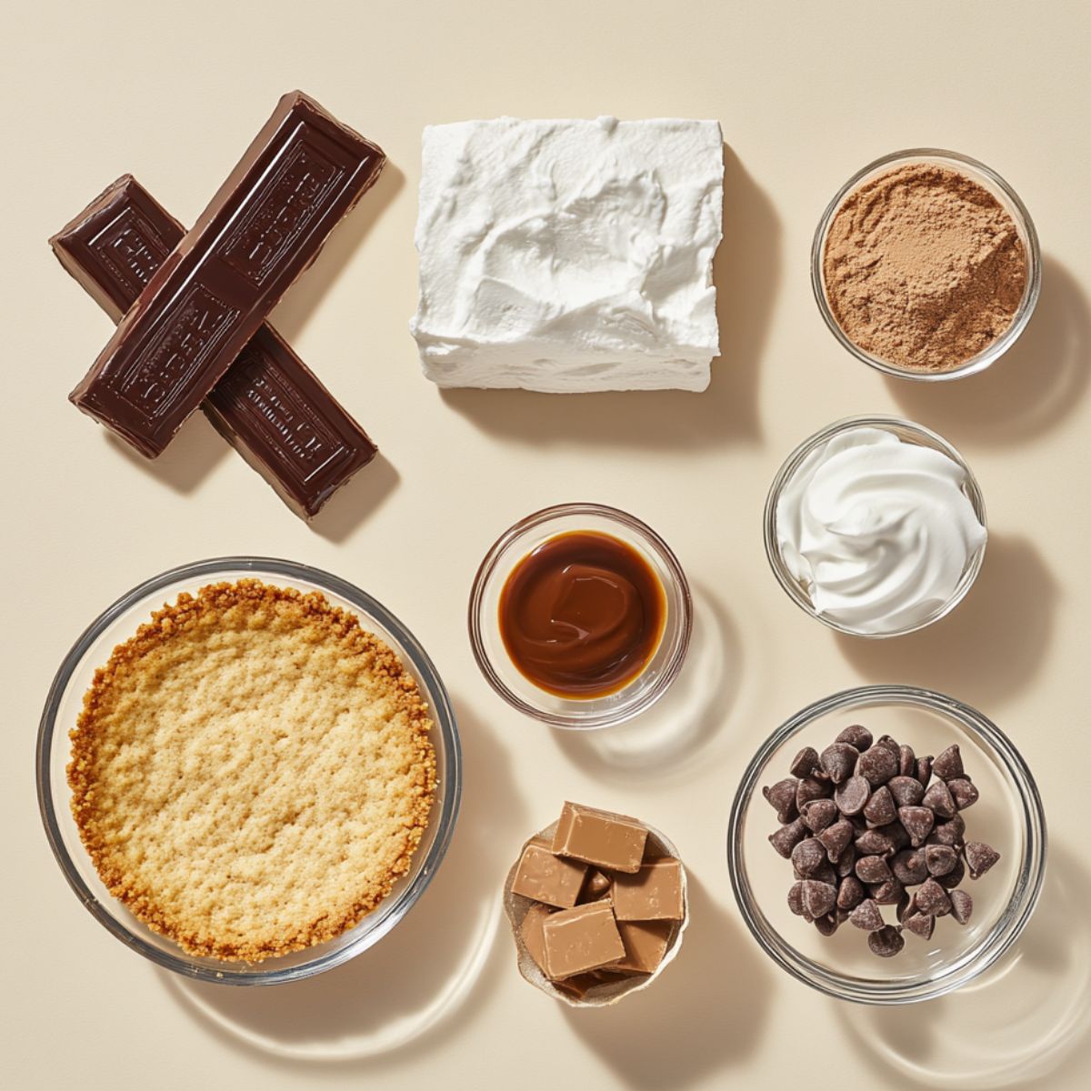 Overhead view of Butterfinger Pie ingredients on a beige surface, including a graham cracker crust, chocolate bars, whipped topping, powdered sugar, whipped cream, caramel sauce, milk chocolate chunks, and chocolate chips, all naturally lit for a real homemade look.