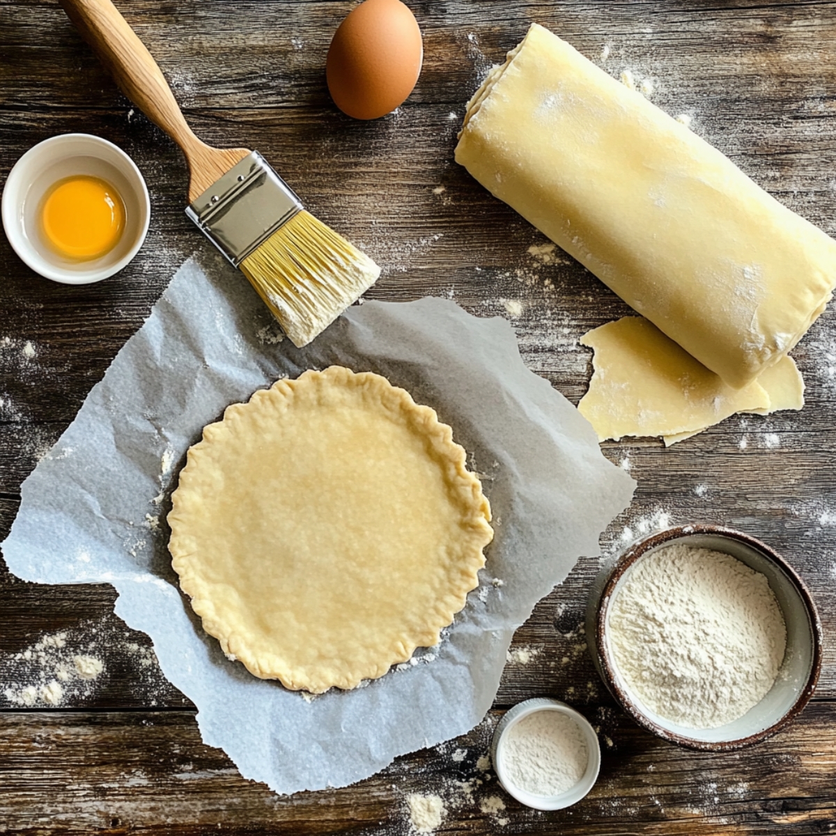 Unbaked pie crust on parchment paper with rolled dough, egg wash, flour, and a pastry brush on a floured wooden surface.