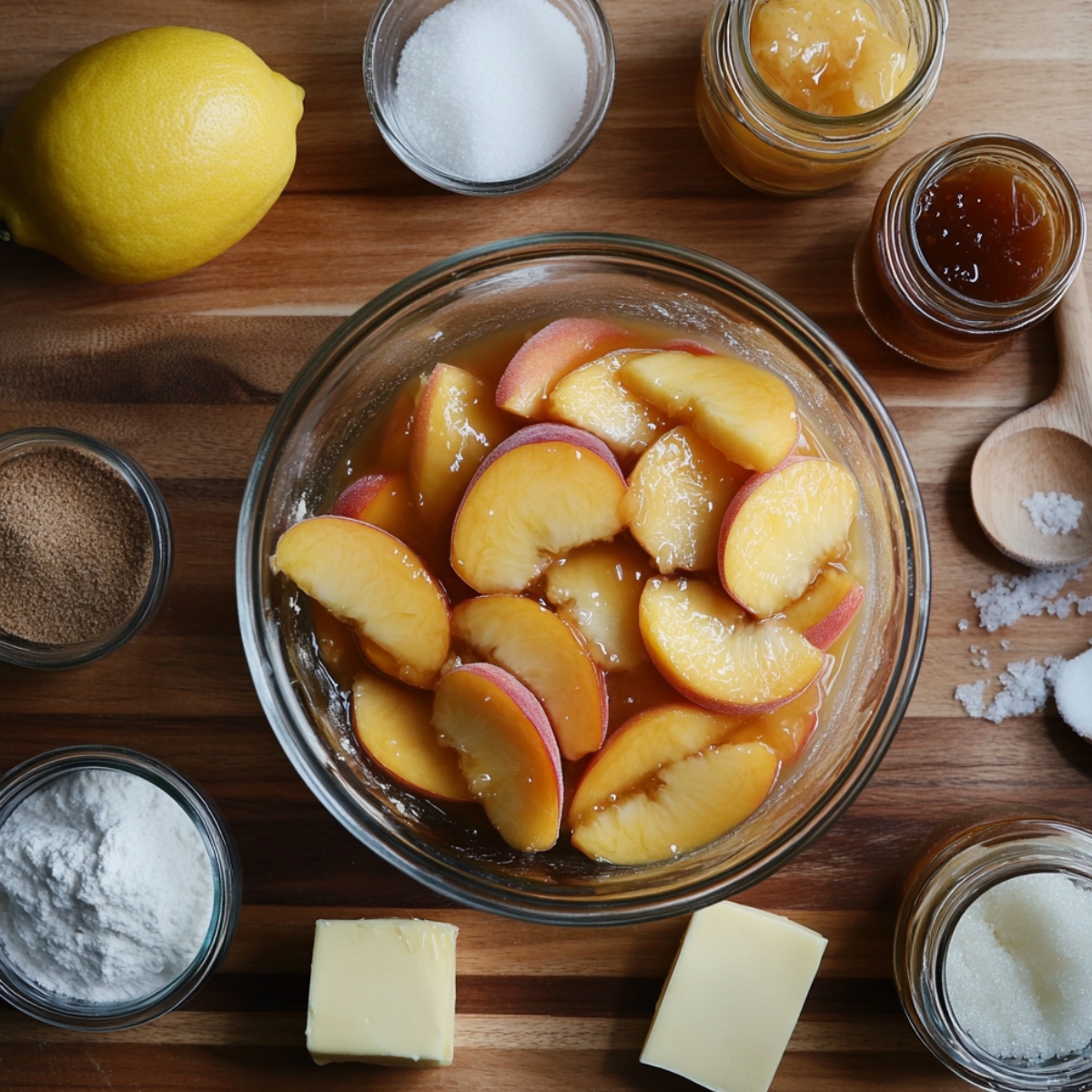 Sliced canned peaches in syrup in a glass bowl, surrounded by sugar, butter, lemon, preserves, flour, and spices on a wooden countertop.