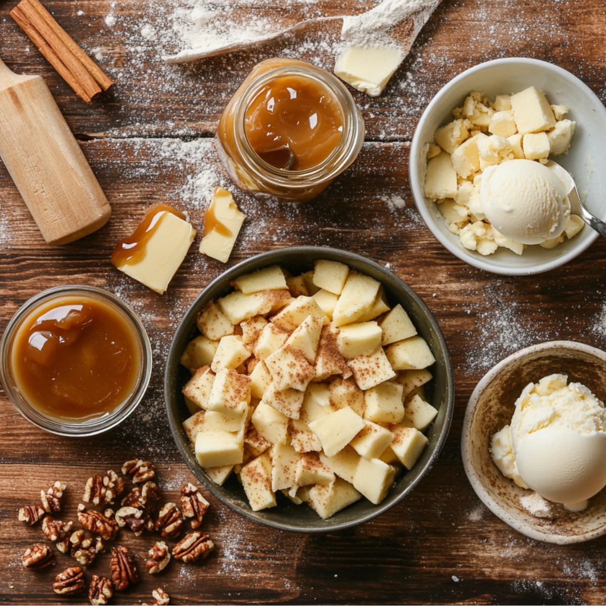 Chopped apples with cinnamon, caramel sauce, butter, vanilla ice cream, and pecans on a floured wooden surface, ready for a homemade caramel apple dump cake.