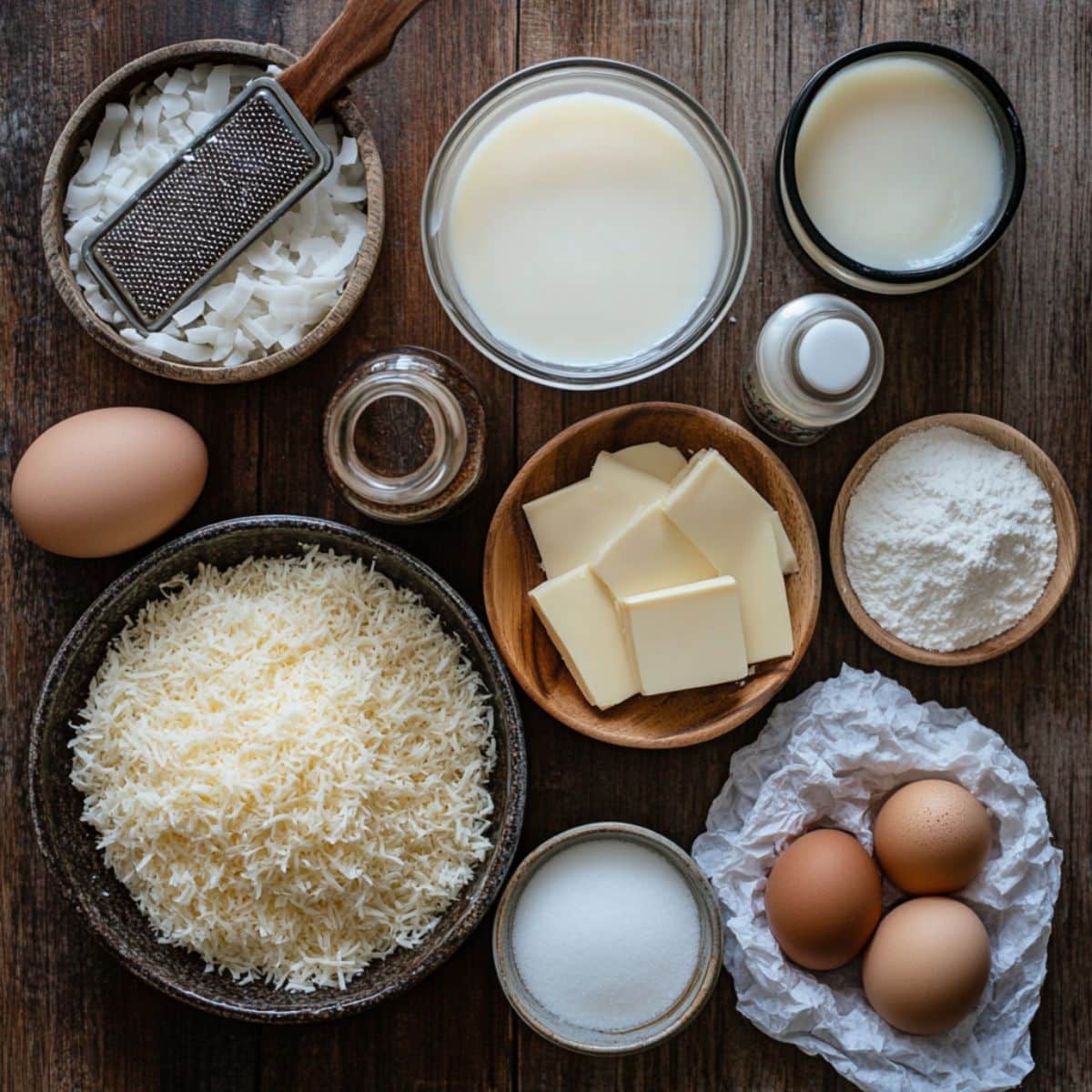 Cassava cake ingredients on rustic wood: grated cassava, eggs, butter, coconut milk, condensed milk, sugar, flour, and vanilla arranged naturally in bowls for a homemade Filipino dessert.