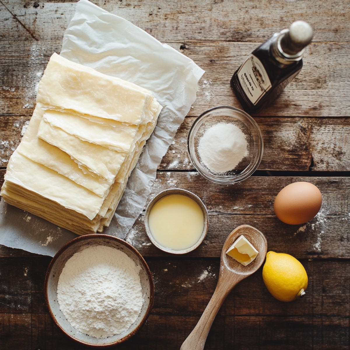 Ingredients for homemade cherry cheese Danish on a rustic wooden table, including puff pastry sheets, flour, egg, lemon, sugar, butter, vanilla extract, and egg wash.