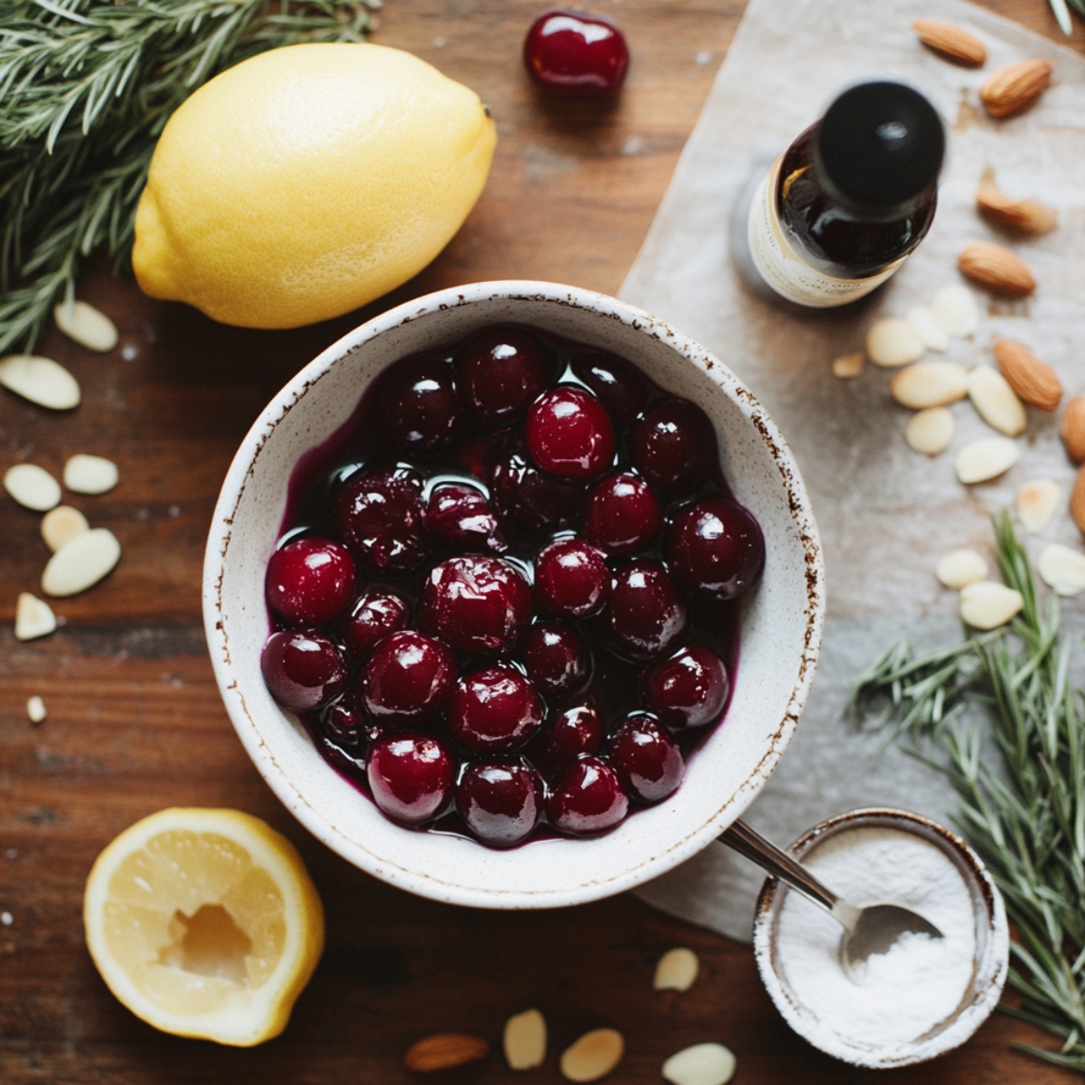 Cherry pie filling in a bowl with lemon, almond extract, powdered sugar, and sliced almonds on a rustic wooden surface.