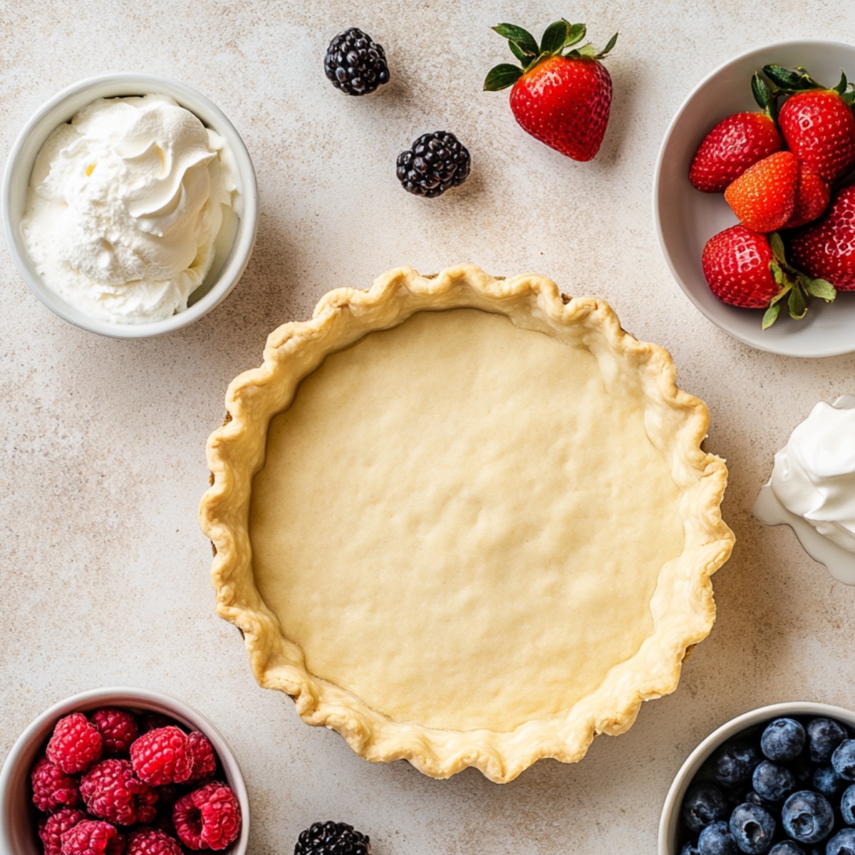 Unbaked pie crust surrounded by bowls of whipped cream, strawberries, raspberries, blueberries, and blackberries on a light kitchen surface.
