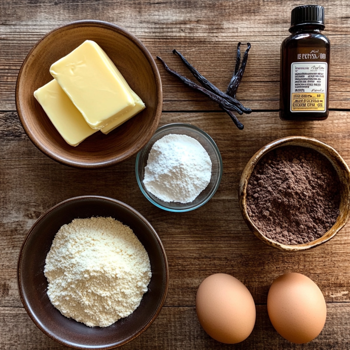 Rustic flat lay of chocolate chess pie ingredients on a wooden surface: butter, cocoa powder, flour, sugar, eggs, vanilla extract, and vanilla beans.
