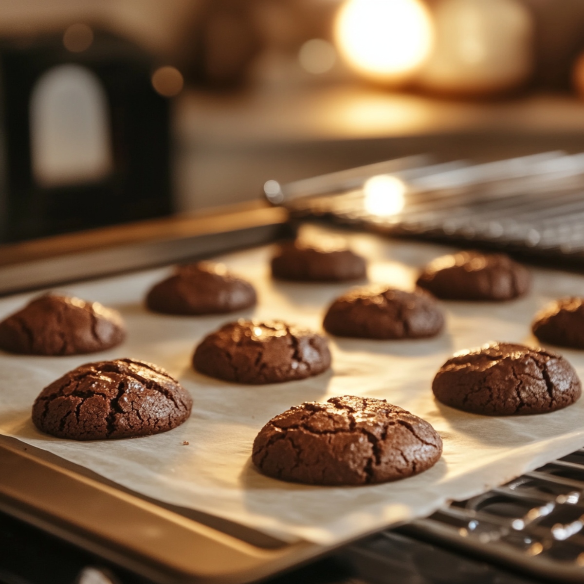 Warm, freshly baked chocolate crinkle cookies on parchment paper, with crackled tops and soft lighting in a cozy kitchen setting.