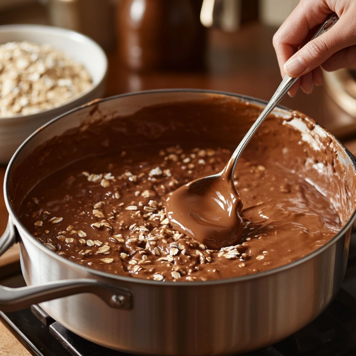 Stirring thick chocolate no bake cookie mixture with oats in a saucepan, with a spoon lifting a glossy scoop. Warm, homemade kitchen setting.