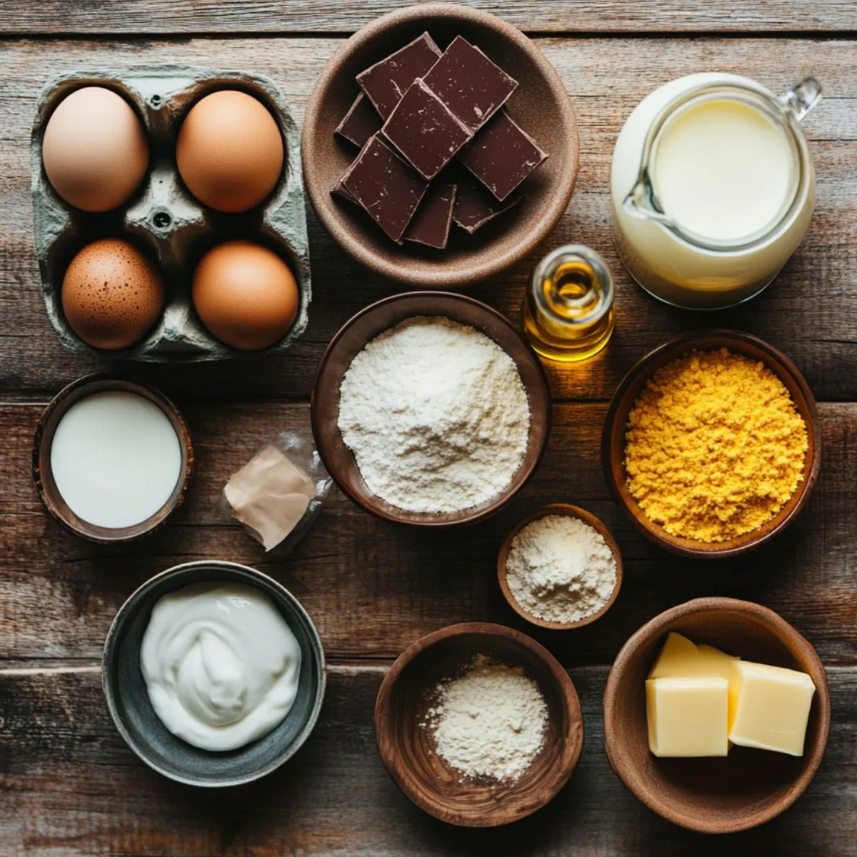 Ingredients for homemade chocolate orange cake on a wooden surface, including eggs, chocolate, flour, sugar, orange zest, milk, yogurt, butter, and oil.