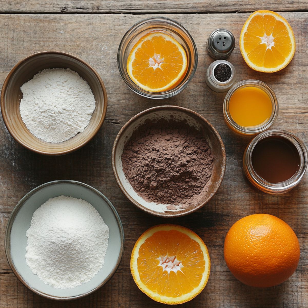 Ingredients for chocolate orange cake on a wooden surface, including flour, cocoa powder, powdered sugar, fresh oranges, orange juice, and vanilla extract.