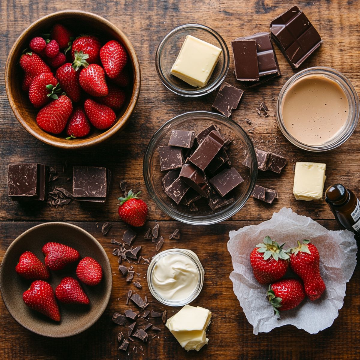 Fresh strawberries, chopped chocolate, butter, cream, and vanilla arranged on a wooden surface for decorating a homemade chocolate strawberry cake.