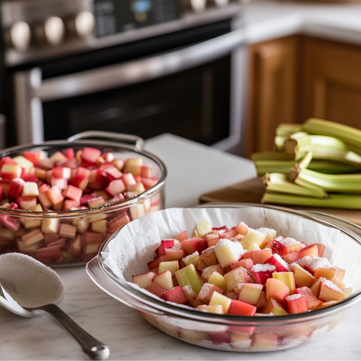 Chopped rhubarb in glass pie dishes with sugar, ready for baking in a home kitchen.
