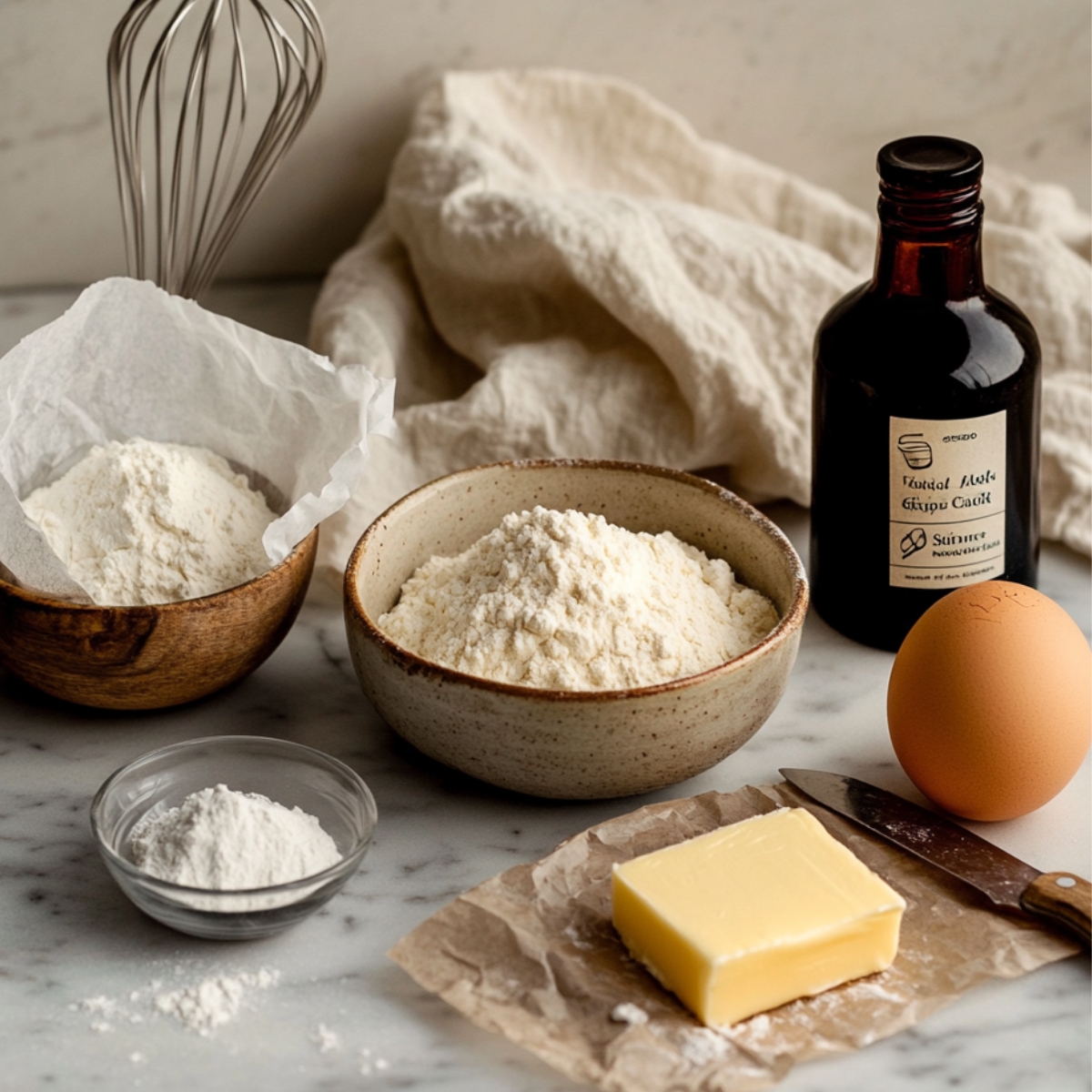 Flour, butter, egg, baking powder, and vanilla extract arranged on a marble countertop, ready for homemade cinnamon roll cookies.