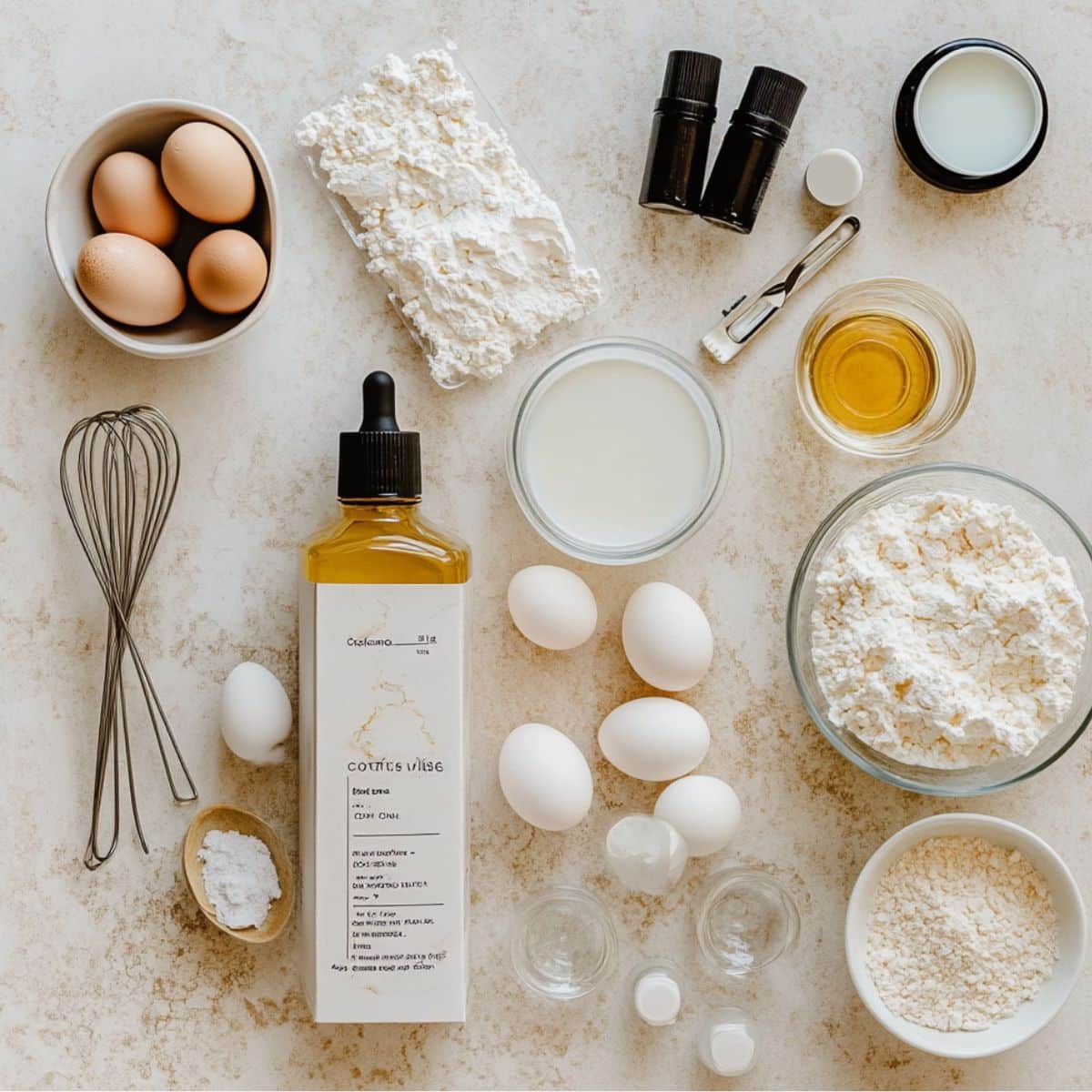 Flat lay of cotton candy cake ingredients including eggs, flour, milk, oil, vanilla extract, and baking tools on a beige kitchen counter.