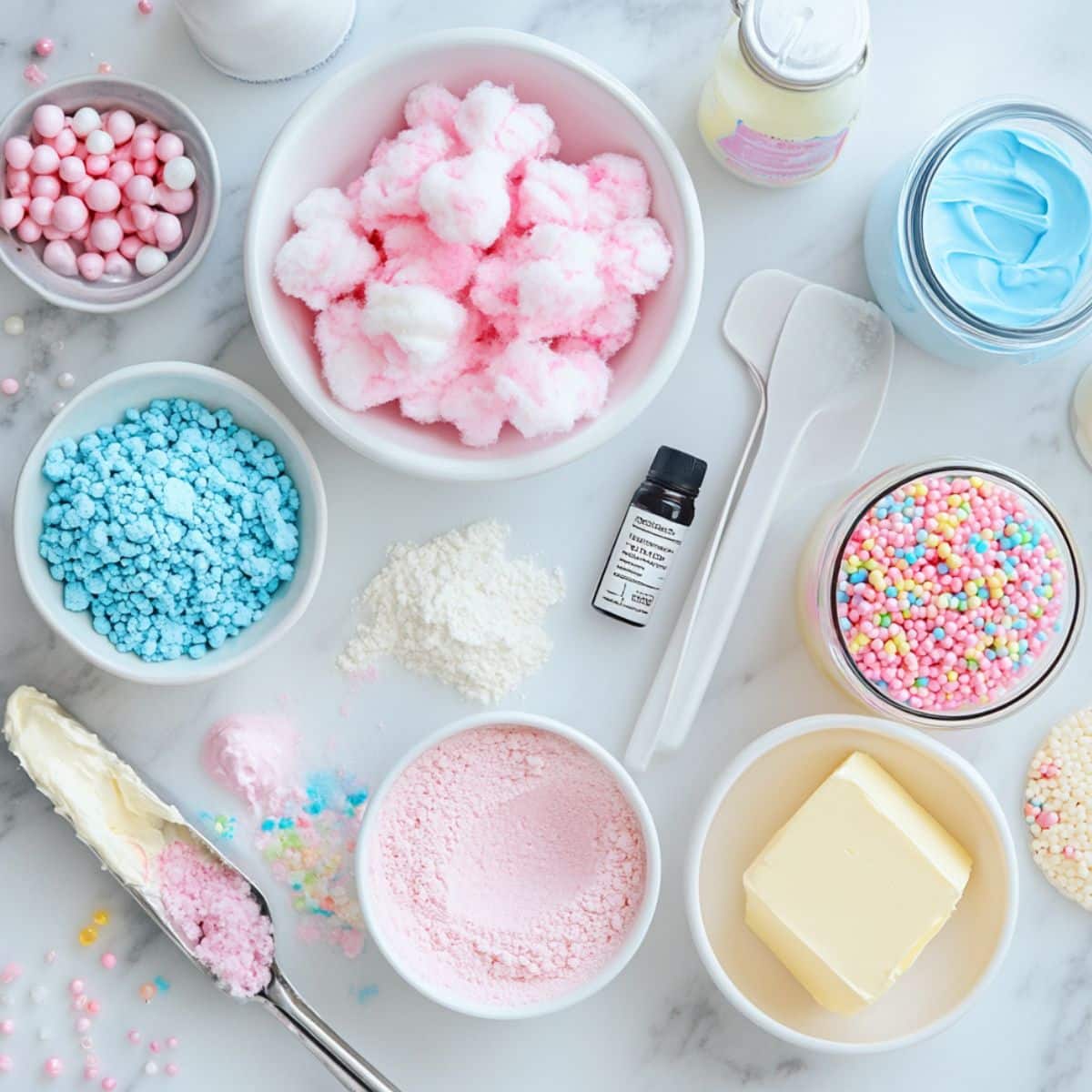 Flat lay of cotton candy cake ingredients including pink cotton candy, blue crumbles, butter, sprinkles, extracts, and frosting on a marble countertop.