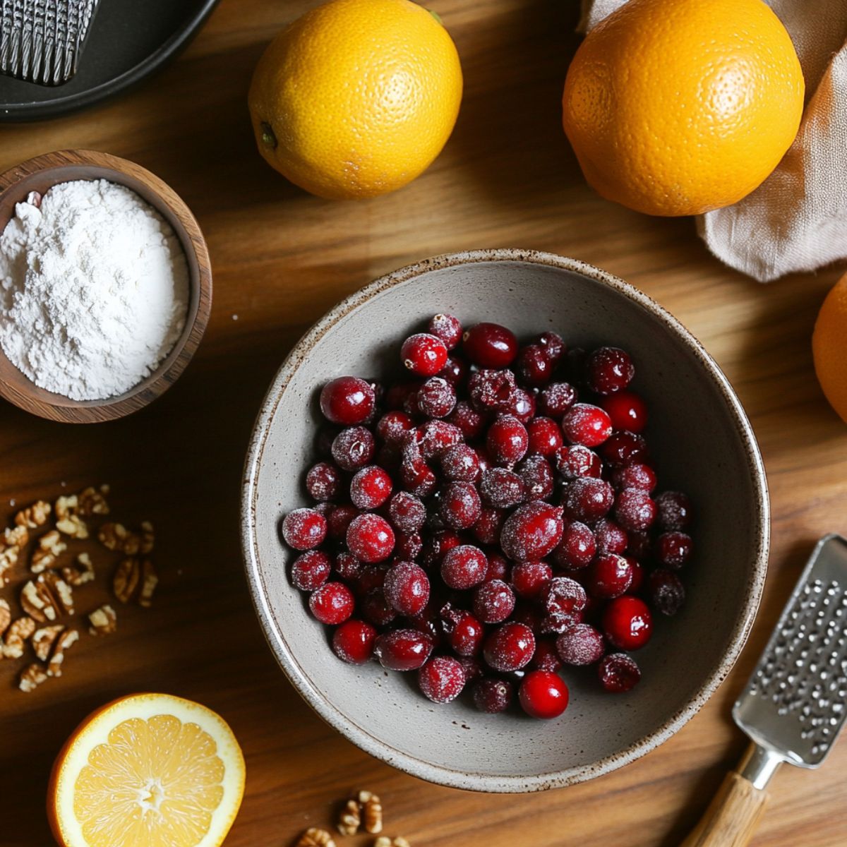A bowl of sugared cranberries surrounded by oranges, a halved lemon, chopped walnuts, a small bowl of flour, and a citrus zester, all arranged on a wooden kitchen counter in warm natural light.